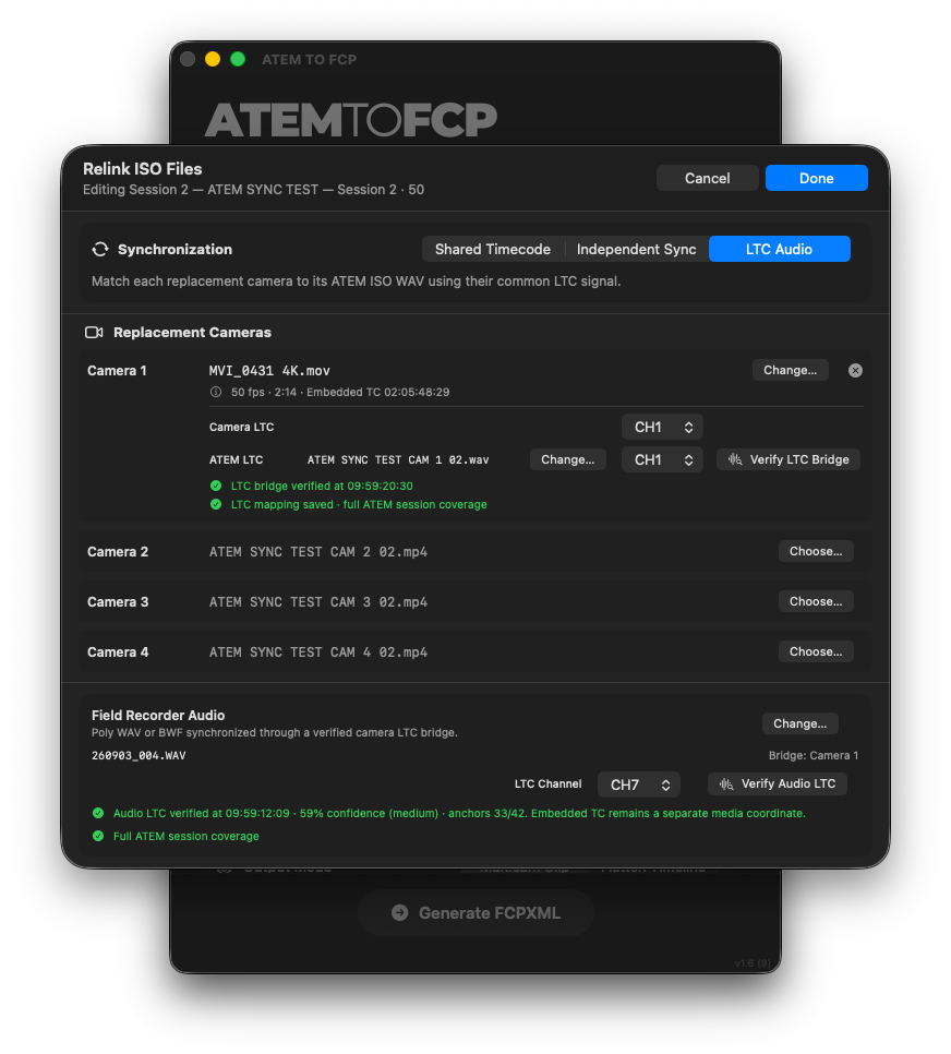 ATEM TO FCP Relink dialog with an LTC-synchronized replacement camera and external audio