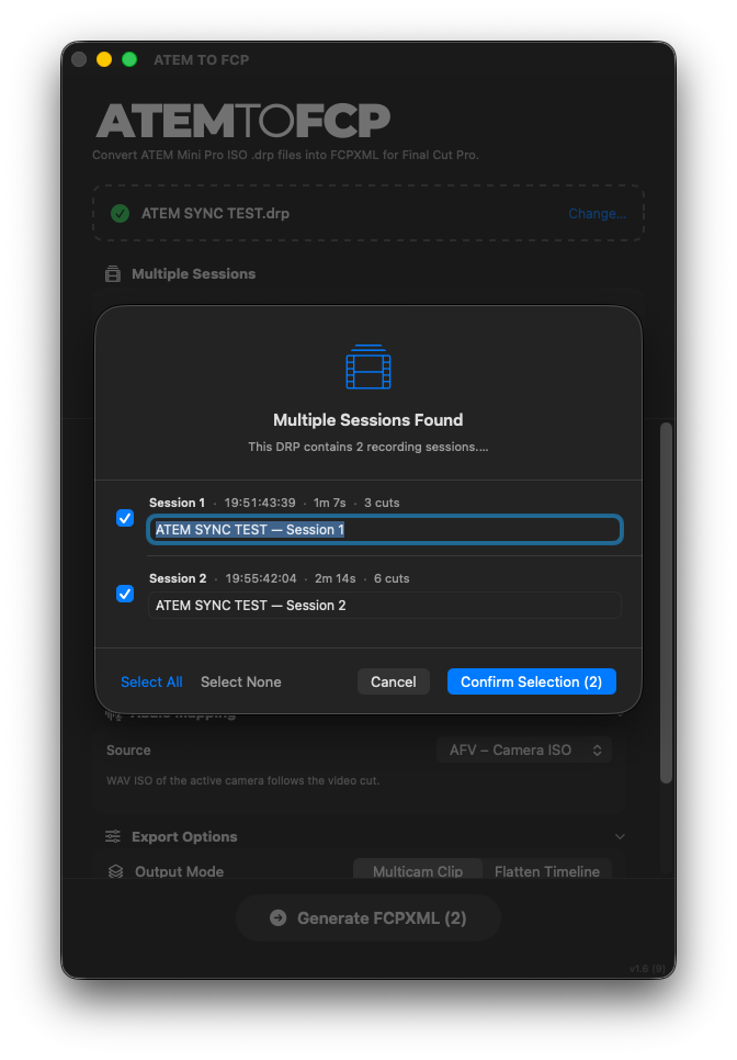 ATEM TO FCP import dialog detecting multiple recording sessions in a DRP file