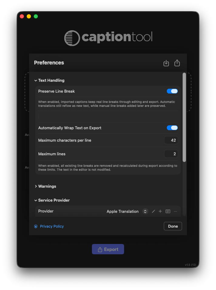 Caption Tool AI translation provider settings