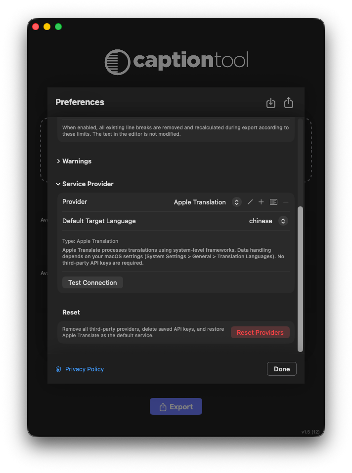 Caption Tool Apple Translation language setup
