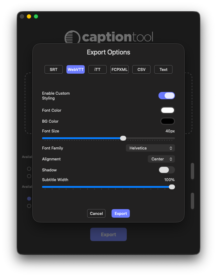 Caption Tool timeline and template controls