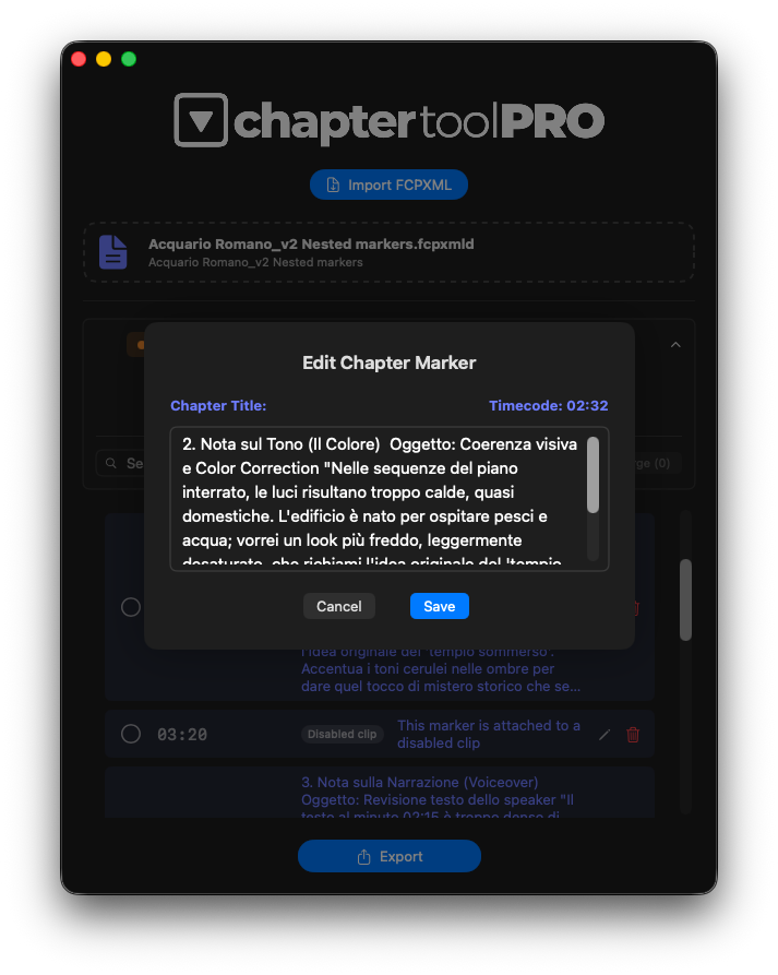 Marker list and export overview