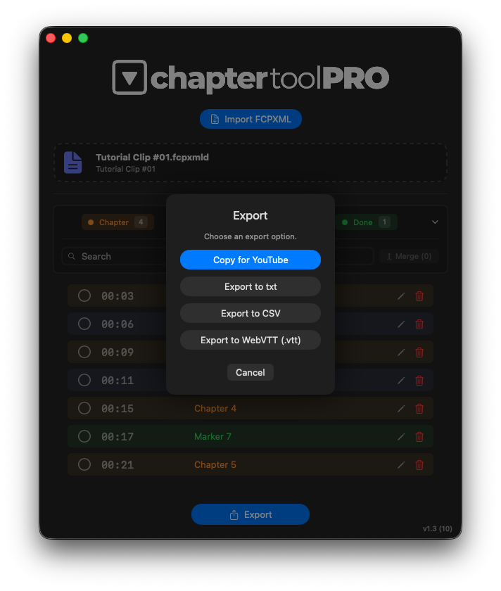 Export and marker details view