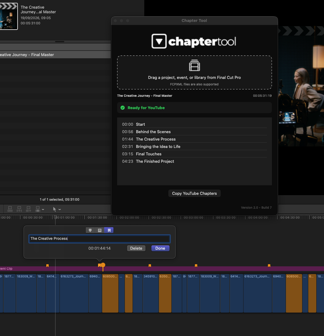 Chapter Tool Workflow Extension open in Final Cut Pro with detected Chapter Markers visible on the timeline