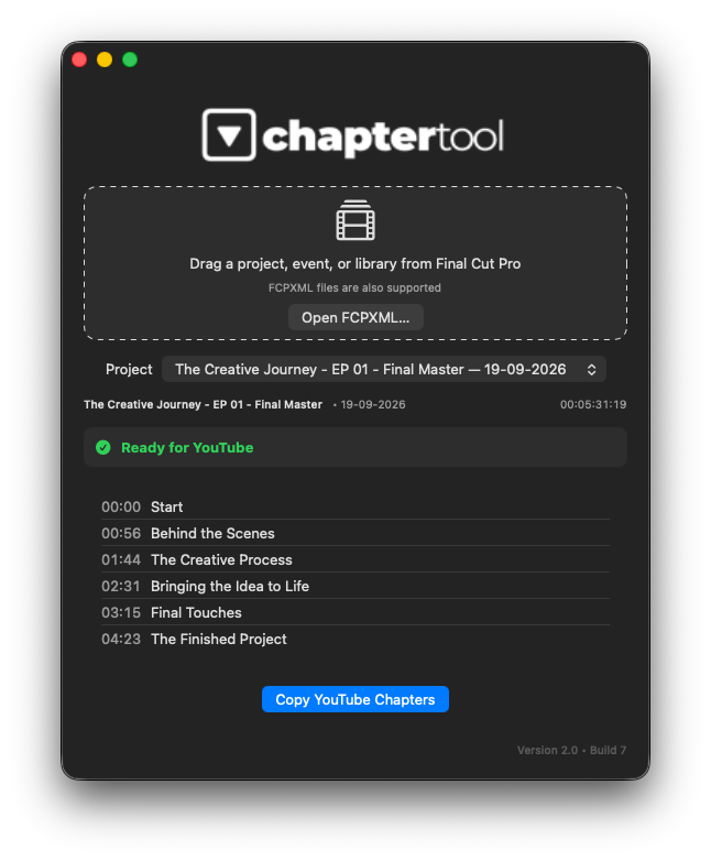 Chapter Tool standalone app with a loaded FCPXML project and detected Chapter Markers