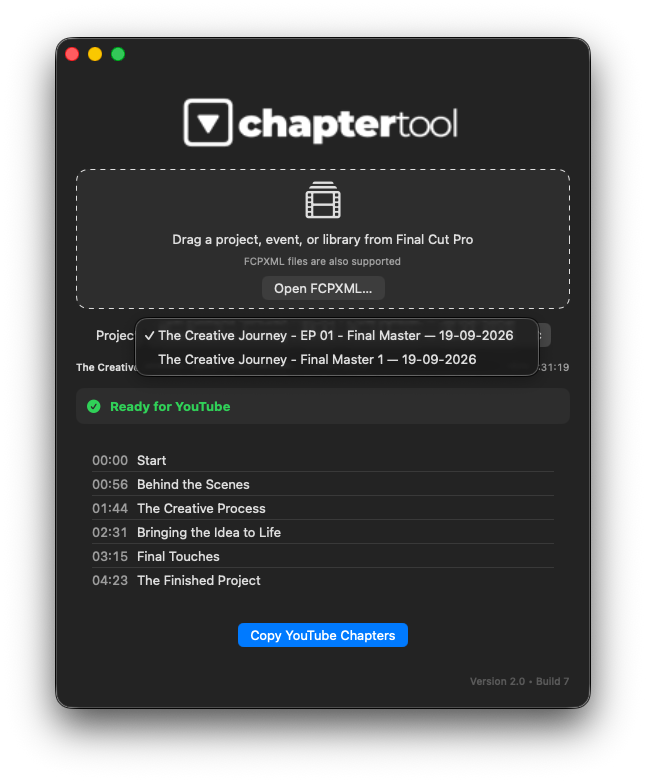 Chapter Tool standalone app showing the project selector for a multi-project FCPXML document