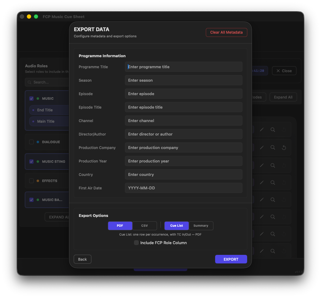 Export options and report configuration panel