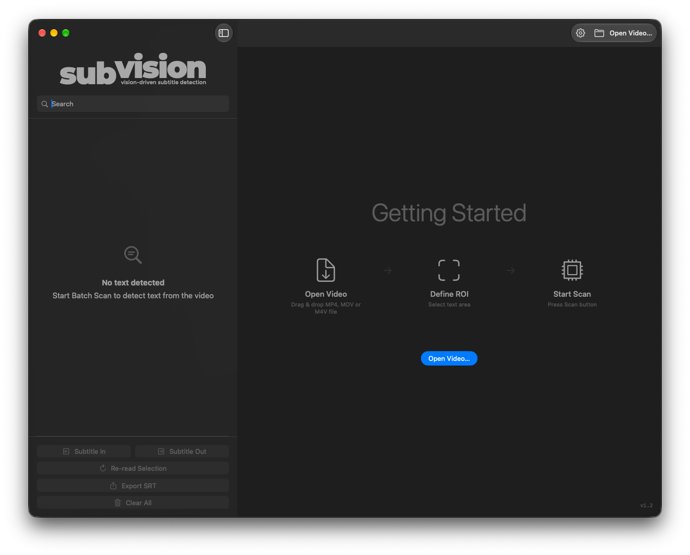 SubVision getting-started interface before opening a video