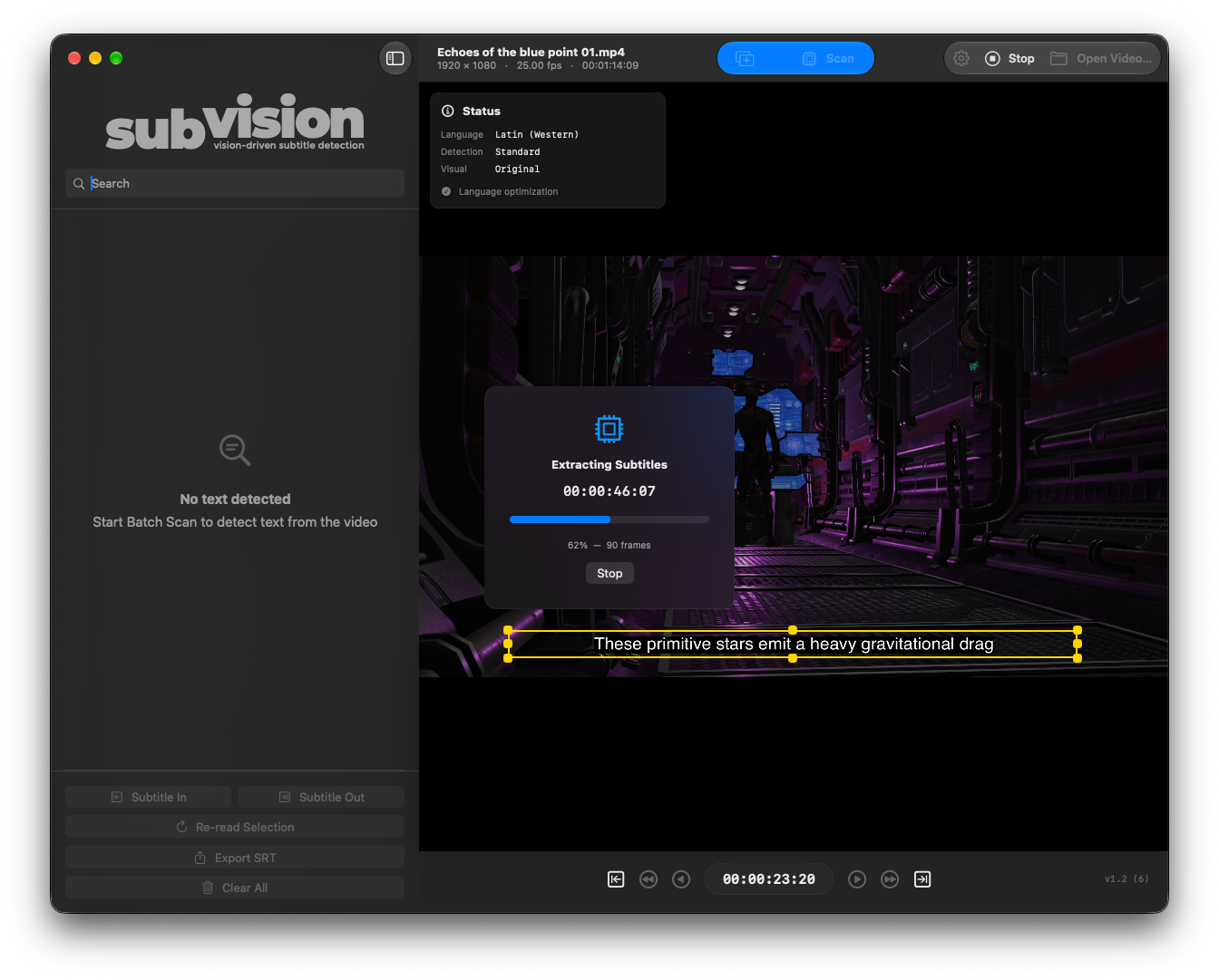 SubVision scanning a selected subtitle region