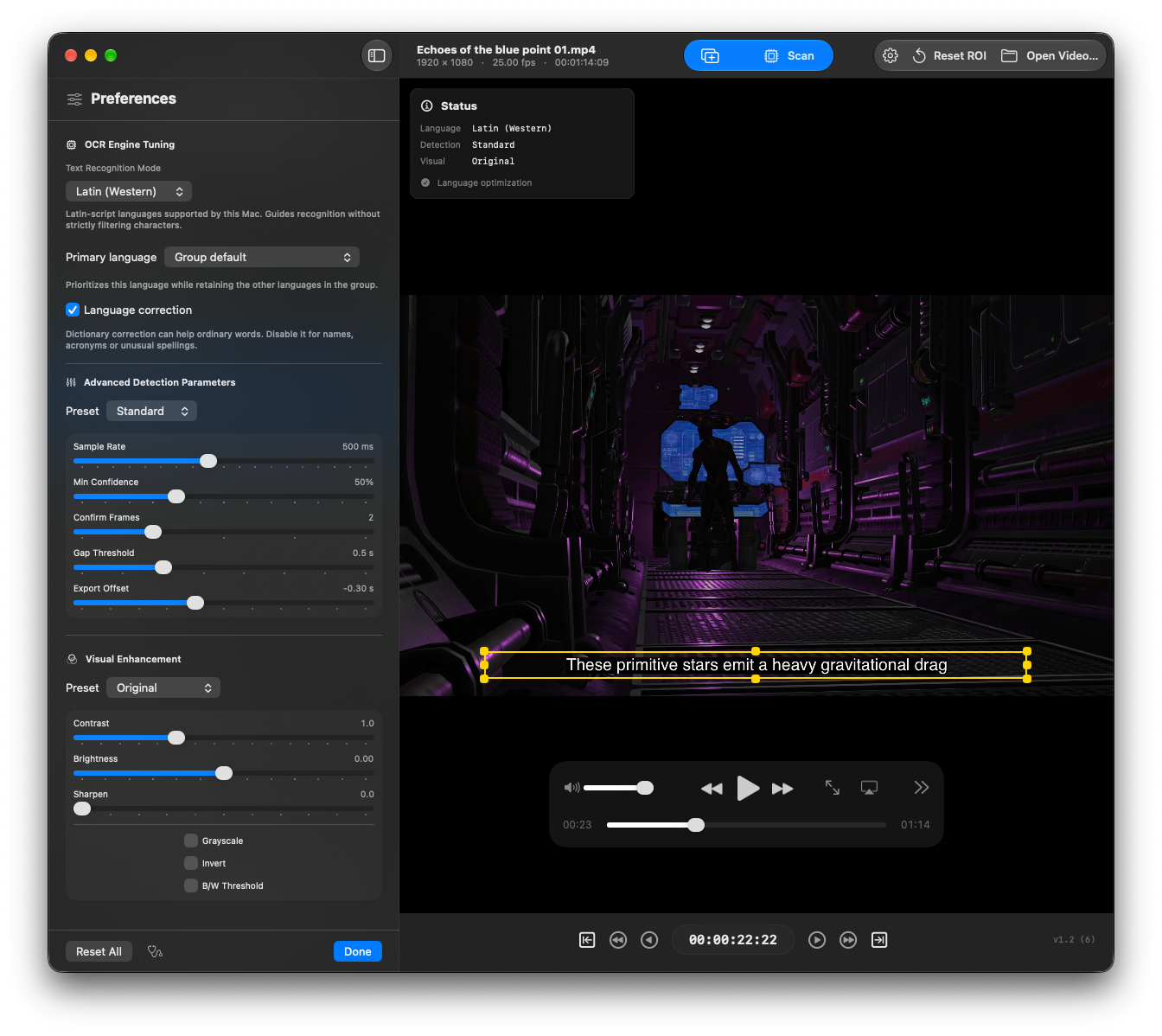 SubVision OCR recognition and visual enhancement settings