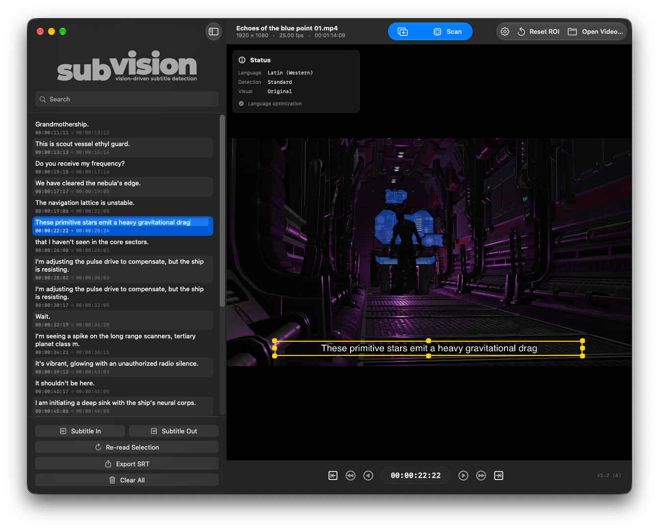 SubVision detected-caption review and editing interface